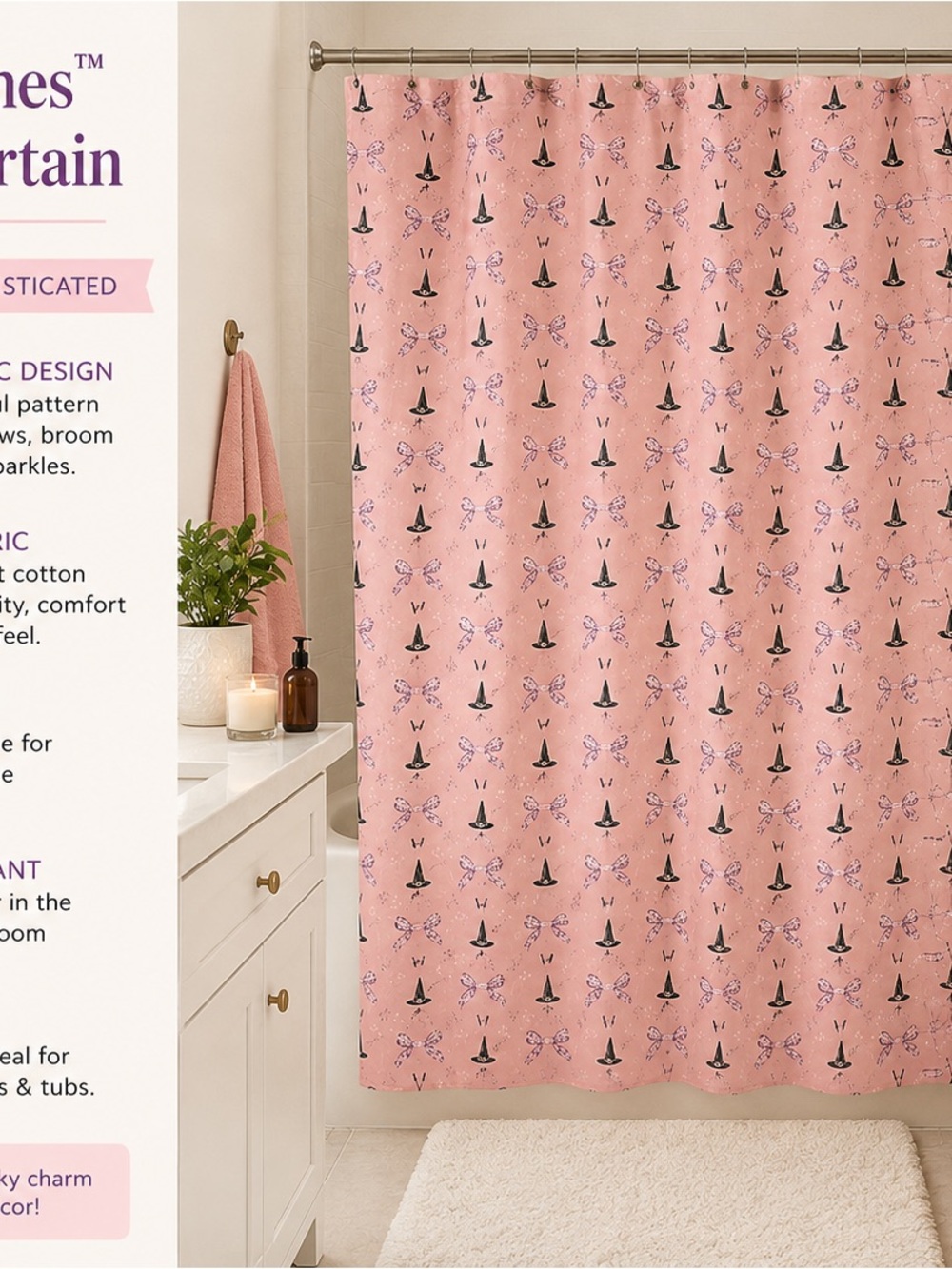 Pink Witch Hat Pattern Shower Curtain